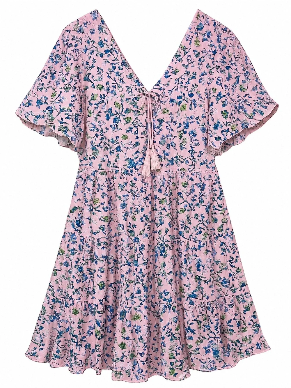 Pink Floral Cottagecore Mini Dress | Boho Puff Sleeve Tiered Babydoll Dress